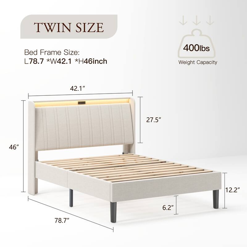 Velvet Upholstered Platform Bed with LED Headboard & Charging Station
