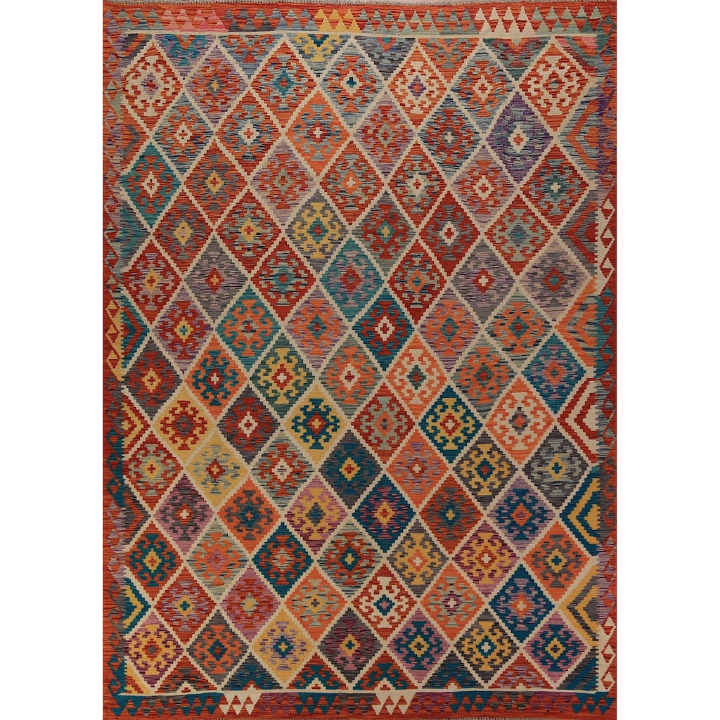 Geometric Kilim Oriental Area Rug Tribal Hand-Woven Wool Carpet - 8'0"x 11'2"