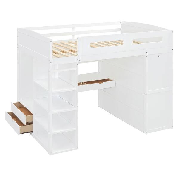 slide 2 of 20, Full Loft Bed with Desk & Wardrobes, Wood Loft Bed w/4 Drawers & 4 Shelves for Kids Teens Boys Girls, No Box Spring Needed,White White - Full