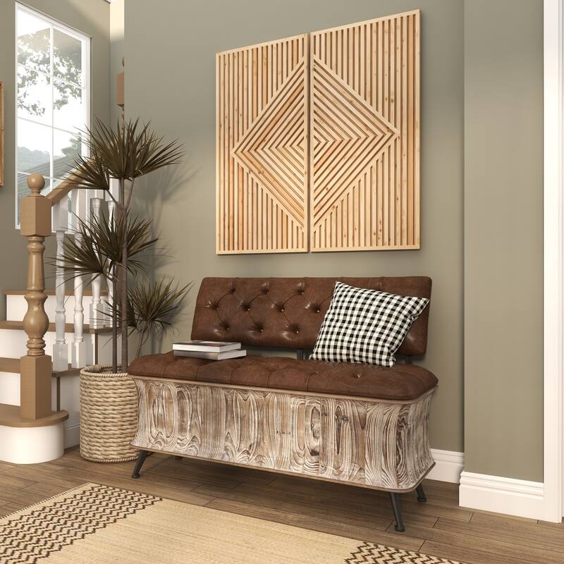 Brown Wood Storage Bench with Tufted Faux Leather Seat and Back
