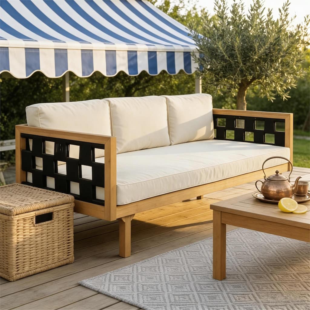 Christopher Knight Home - Modern Outdoor Patio Acacia Wood 3-Seater Daybed Sofa with Cushions, Rope Square Armrest & Teak Finish