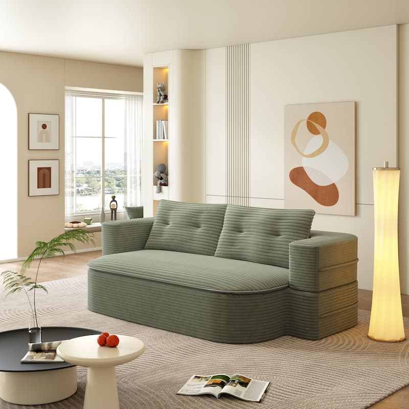 78.7" Corduroy Convertible Sofa Bed with 2 Pillows, Modern 2-in-1 Foldable Loveseat Couch, Deep Seat Floor Sleeper Sofa