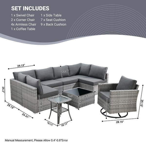 XIZZI 9-Piece Outdoor Furniture Sectional Swivel Chair Set - Bed