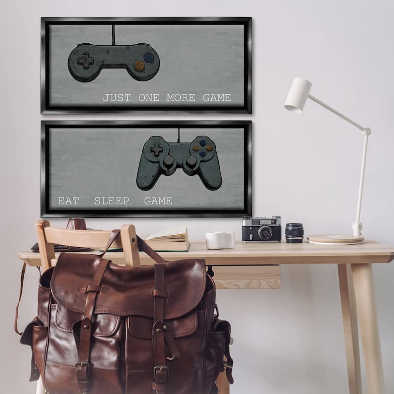 Stupell Gamer Phrases on Grey Framed Floater Canvas Wall Art Design By Kim Allen (Set of 2)