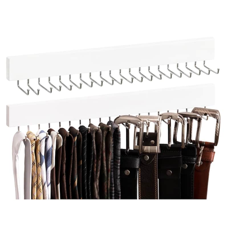 2-pack Wall-Mounted Wooden Hangers with 20 Hooks for Ties, Belts, Hats - White
