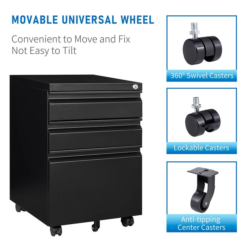 3 Drawer File with Lock, Steel Mobile Filing on Anti
