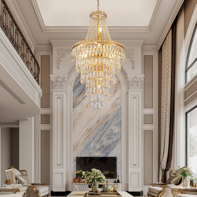 KAYLA High Ceiling Chandelier 13-Light Gold Modern Crystal Chandeliers Pendant Light Foyer Chandelier Fixtures