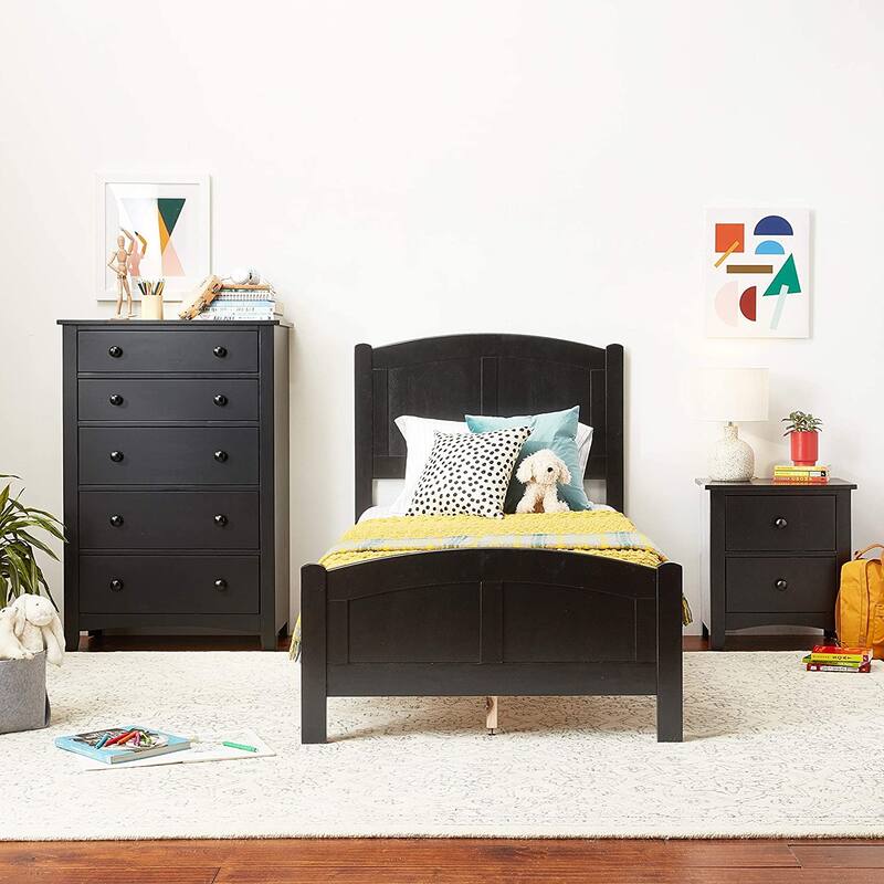 Twin Size Panel Bed with Carved Headboard and Rubberwood Frame
