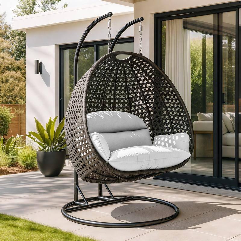 LeisureMod 2-Person Charcoal Wicker Egg Swing - Includes Metal Stand & Cushions - Modern Double Patio Lounger
