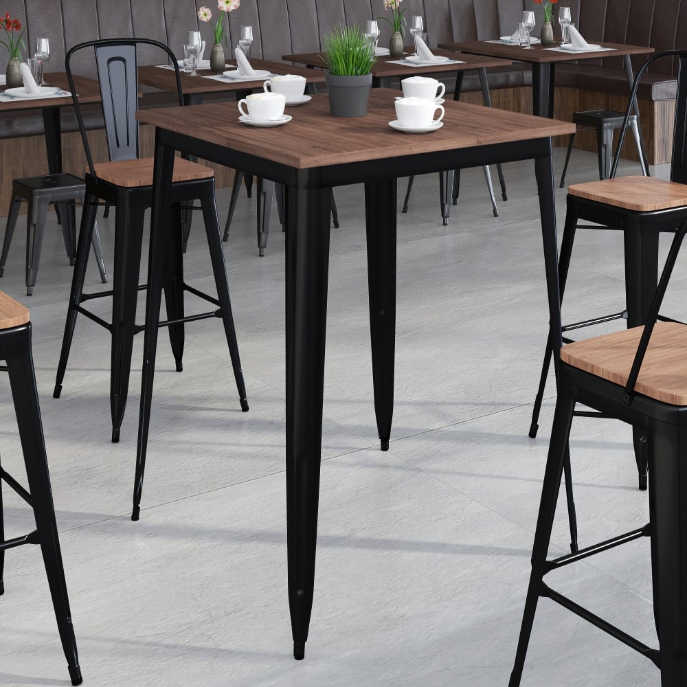 31.5" Square Metal Indoor Bar Height Table with Rustic Wood Top - 31.5"W x 31.5"D x 42"H - 31.5"W x 31.5"D x 42"H