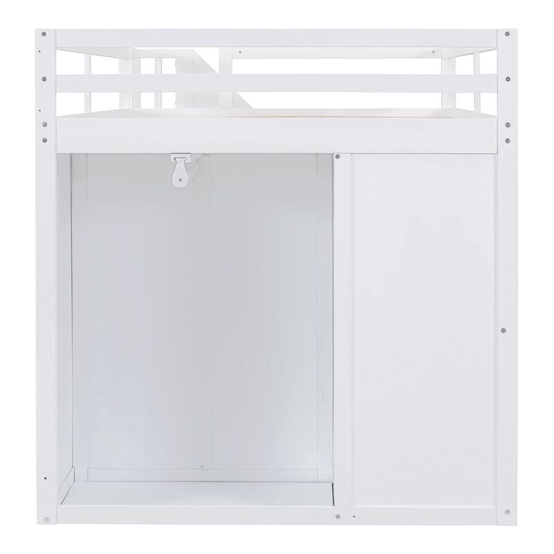 White Full Size Loft Bed with Built-in Wardrobes and Staircase, Space-Saving Design