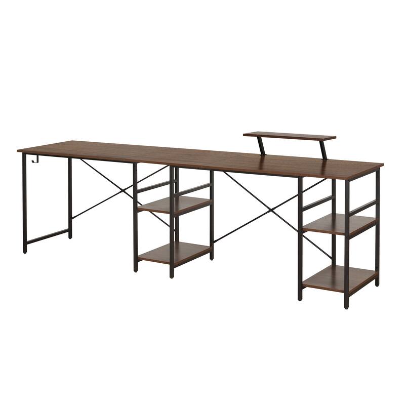 L-Shape Industrial Desk with storage shelves, Walnut