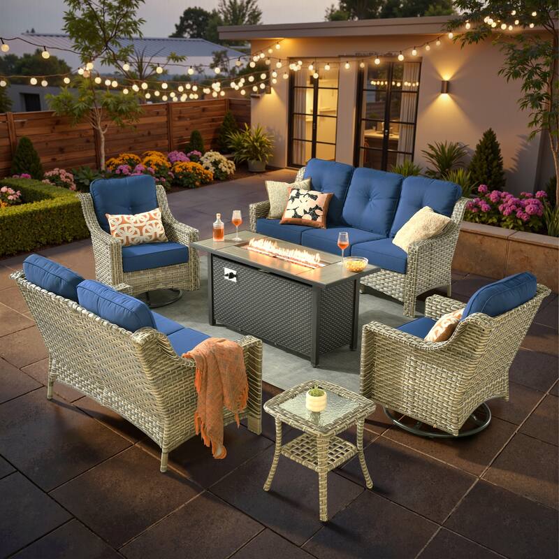 XIZZI 6-piece Patio Furniture Conversation Seating Set with Fire Pit - Navy Blue