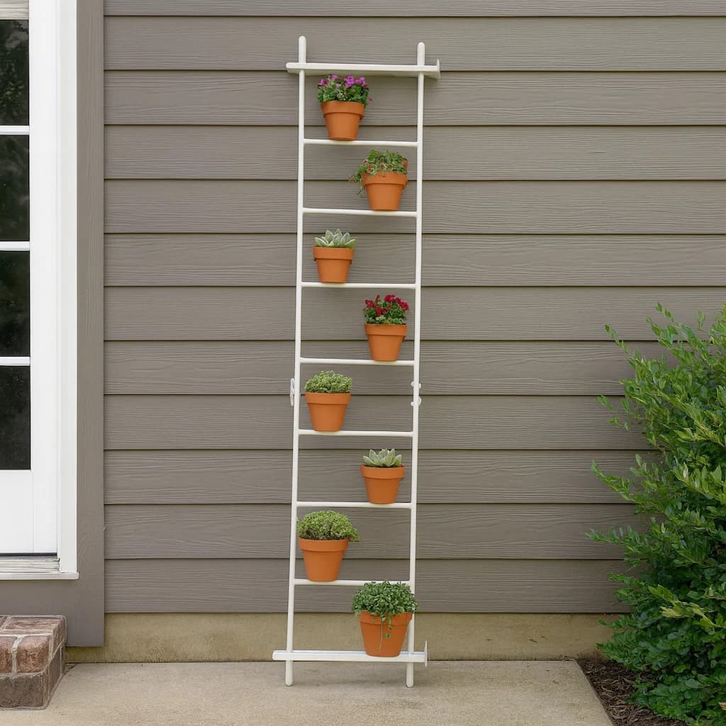 Plant Display Stand, 87 Inch 7 Tier Ladder Design, White Metal Body