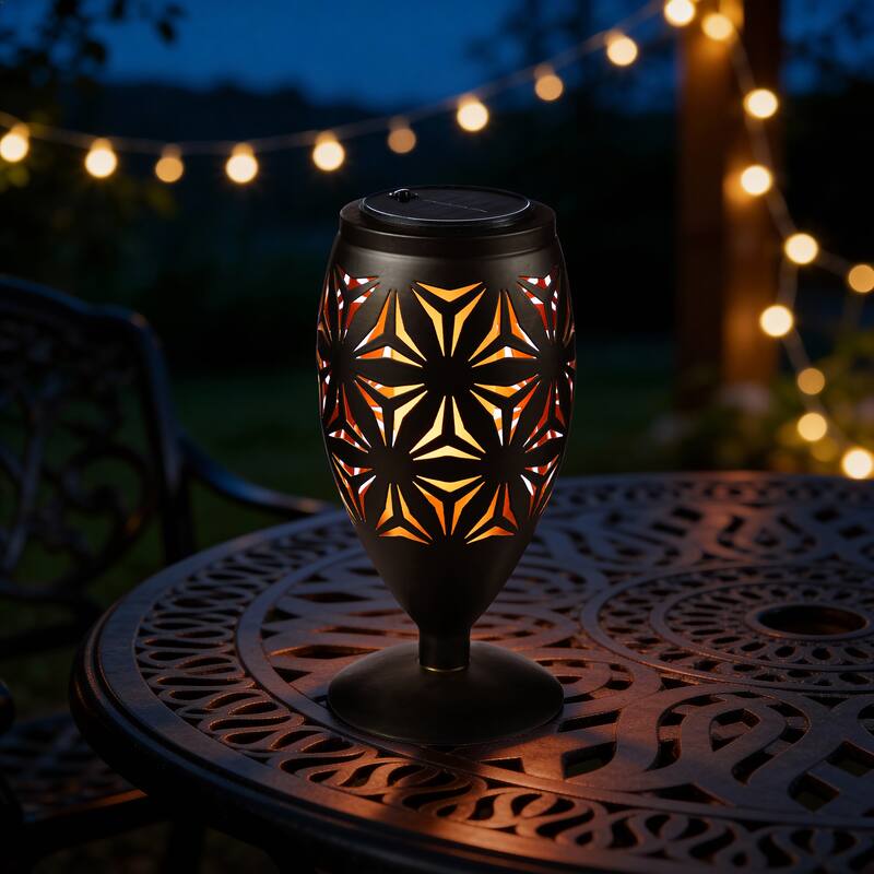Glitzhome 8.75"H Set of 2 Black Metal Cutout Geometric Pattern Solar Powered Outdoor Lantern with LED Light