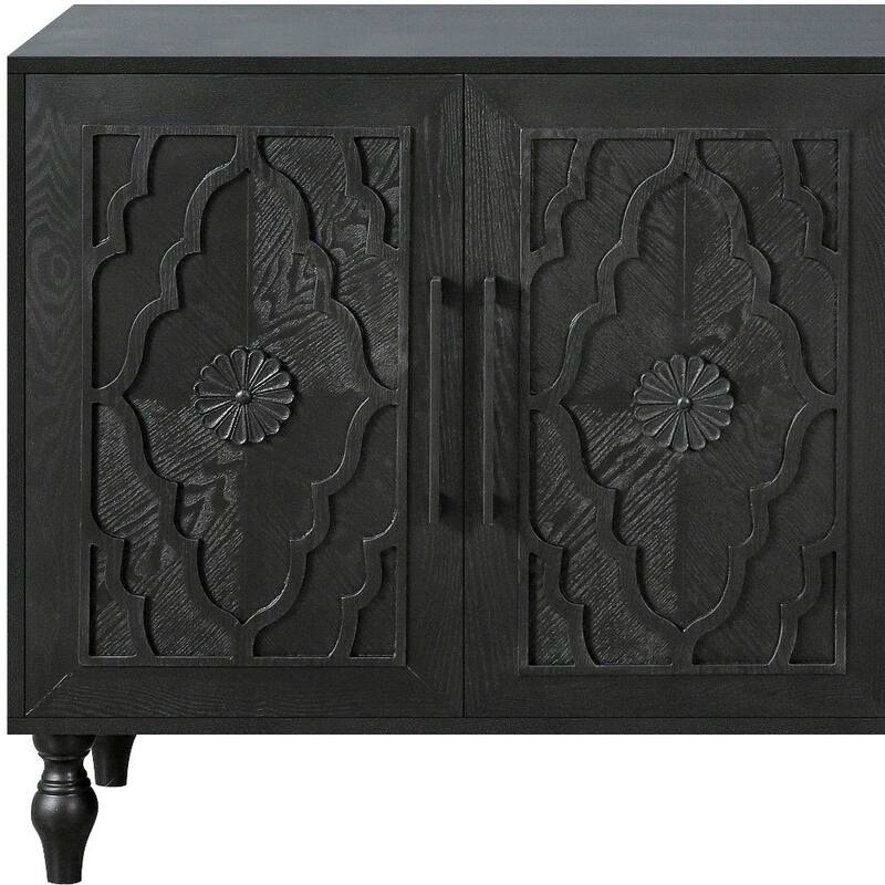 HomeRoots 68" Black Distressed Carved Floral Sideboard with Four Doors - 68.11' X '32' X '15.75