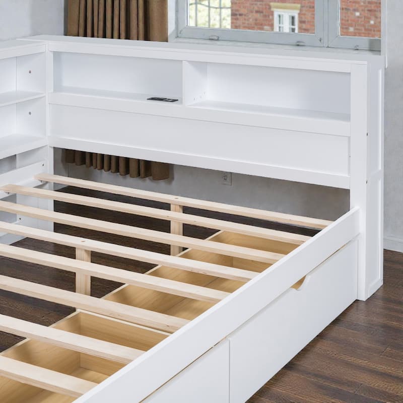 Full Size Wooden Daybed with 2 Storage Drawers, USB Charging Ports, Double-Layer Shelf, Sturdy Slatted Support