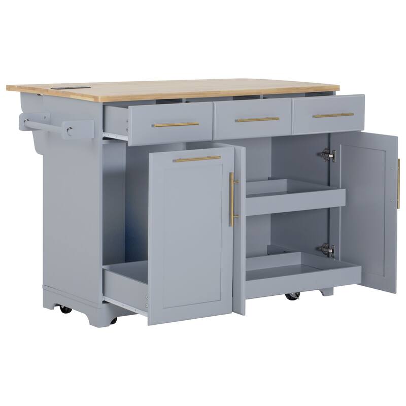 Rolling Kitchen Island Cart with 2 Pull Out Cabinet Organizers, Drop Leaf, Trash Can Storage, Power Outlet, Spice, Towel Rack