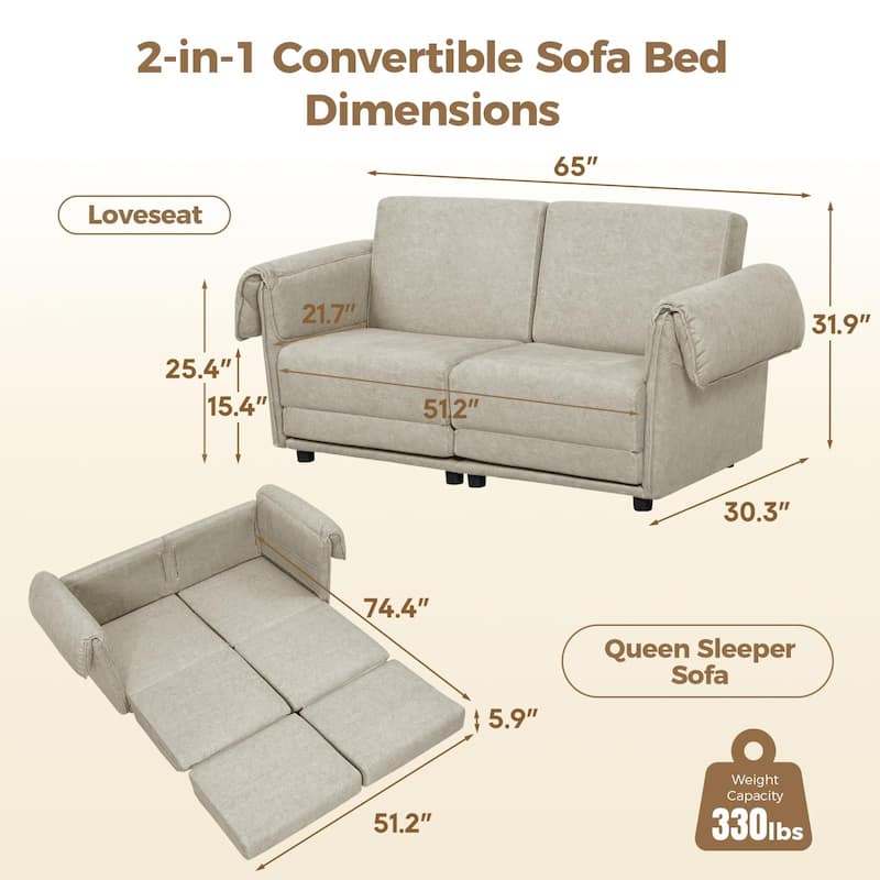 65" Loveseat Sleeper Sofa, Convertible Couch Bed Loveset Small Couchs for Living Room