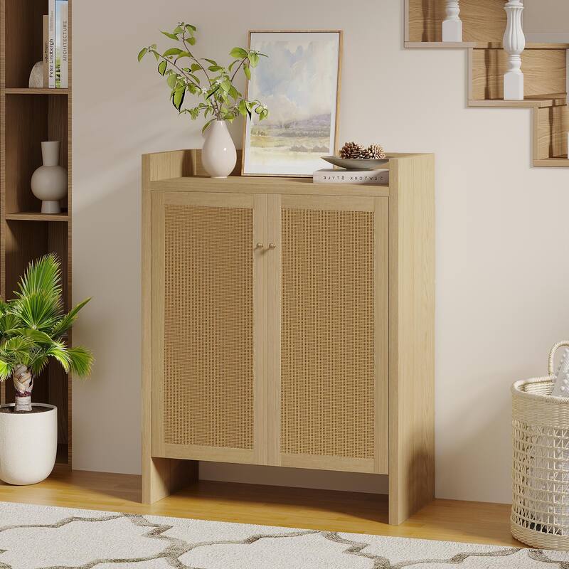 Anmytek Walnut Rattan Shoe Cabinet with Doors and 6 Tier Adjustable Shelves Wooden Entryway Shoe Organizer