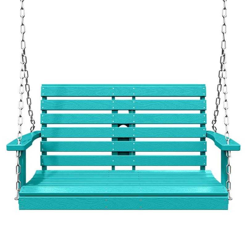 HDPE Plastic Outdoor Porch Swing 2-Person With Chains - Tiffany Blue