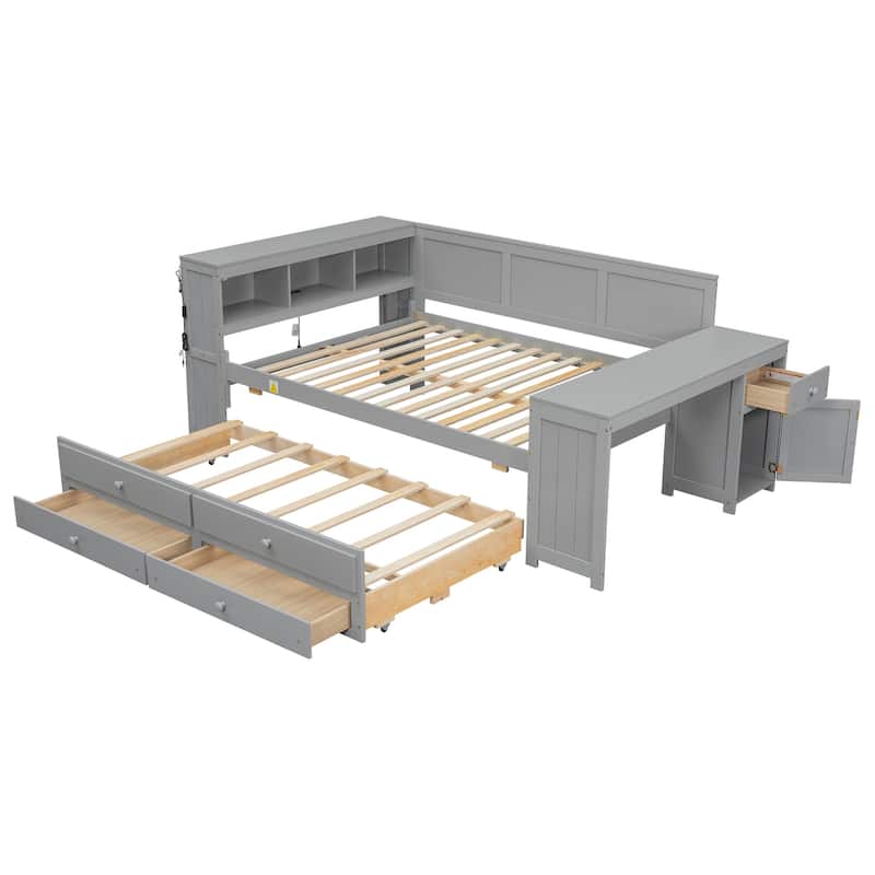 Full Size Daybed with Trundle, Drawers, LED Shelves and Charging Station by Harper&Bright Designs