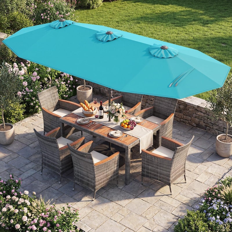 Gymax 8-Piece Patio Dining Set w/ Double-Sided Market Umbrella Acacia