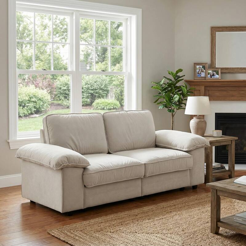 Roomfitters Modern Overstuffed Upholstered Sofa with Hidden Storage and Padded Arms, Comfy Loveseat for Small Space - Cream White