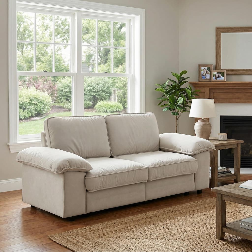 Roomfitters Modern Overstuffed Upholstered Sofa with Hidden Storage and Padded Arms, Comfy Loveseat for Small Space