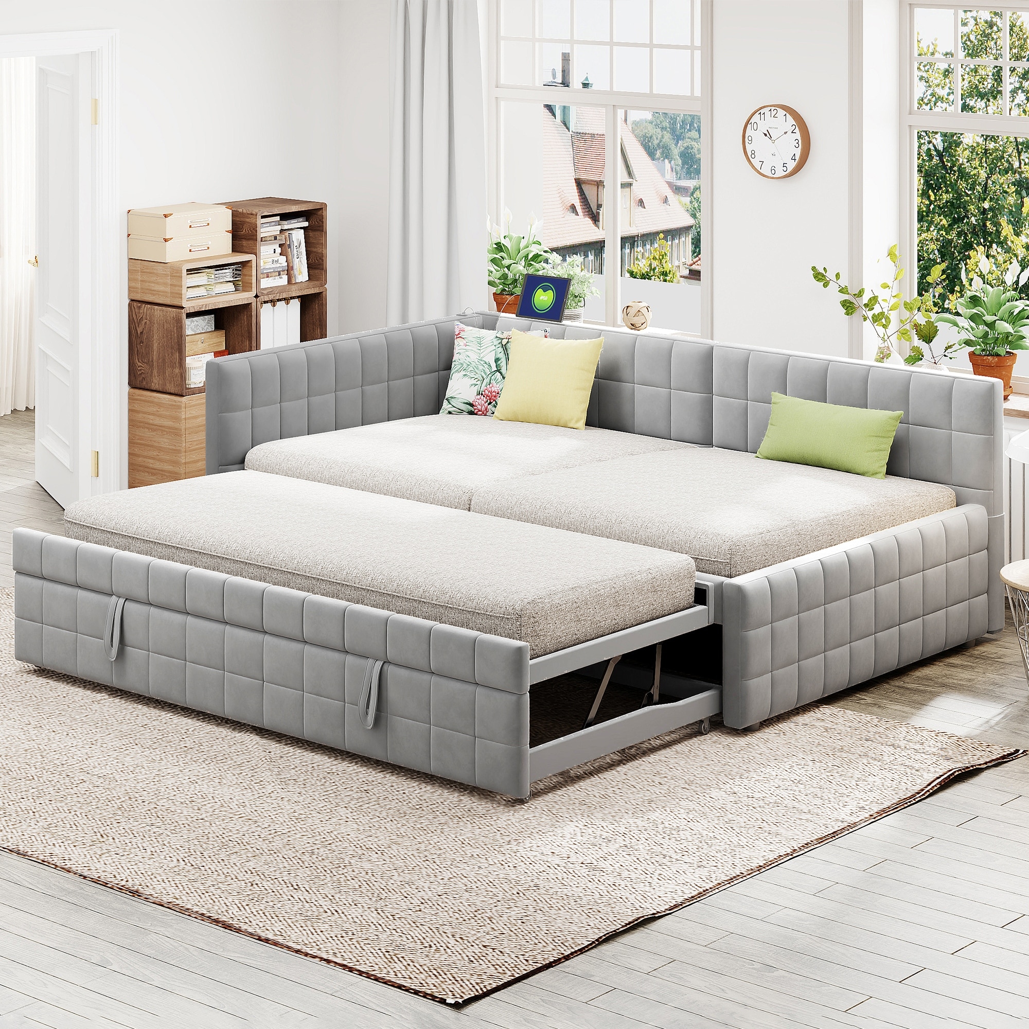 Full Size L-Shaped Daybed with Twin Trundle and USB Ports and Upholstered Storage Bed (650lbs Capacity)