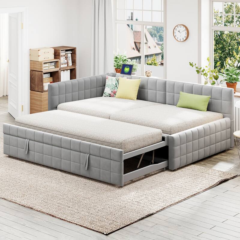 Full Size L-Shaped Upholstered Daybed - Includes Twin Pop-Up Trundle & USB Ports, Versatile Seating & Sleeping Solution - Grey