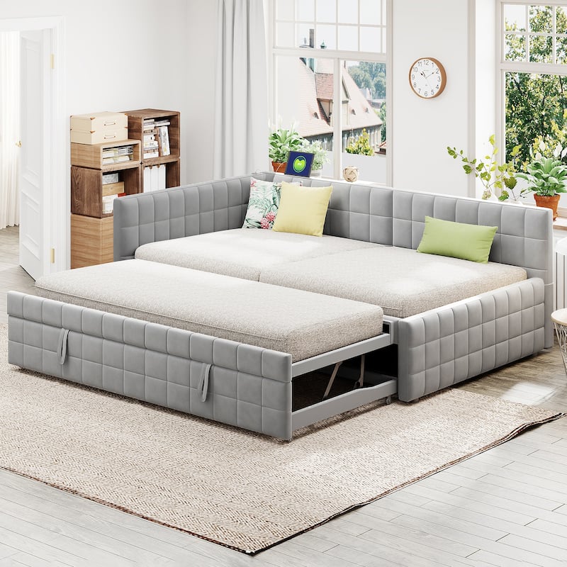 Full Size Upholstered Daybed with Hidden Twin Trundle and Dual USB Charging Ports, Lounge Sofa Bed Frame with L-Shaped Backrest
