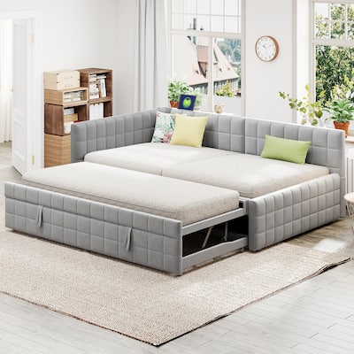 Full Size Upholstered L-Shaped Upholstered Daybed with Twin Size Pop Up Trundle and USB ports