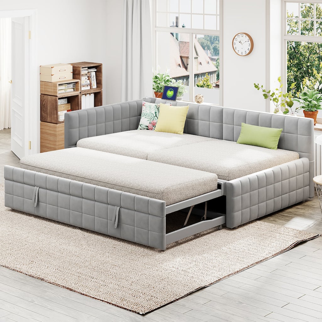 Full Size Upholstered L-Shaped Upholstered Daybed with Twin Size Pop Up Trundle and USB ports