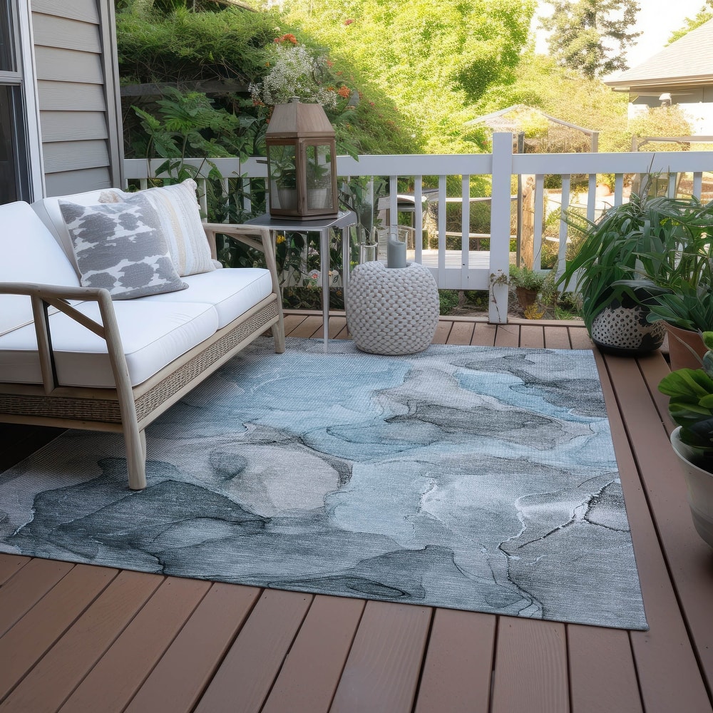 Machine Washable Indoor/ Outdoor Chantille Watercolor Teal Rug
