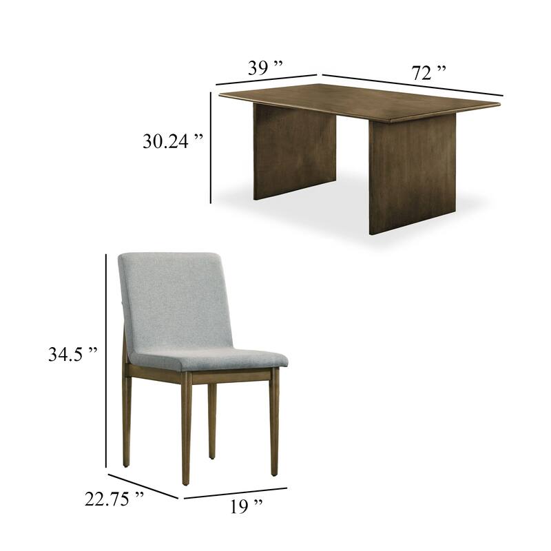 Heln 7pc Dining Table and Chair Set, Light Gray Fabric, Natural Brown