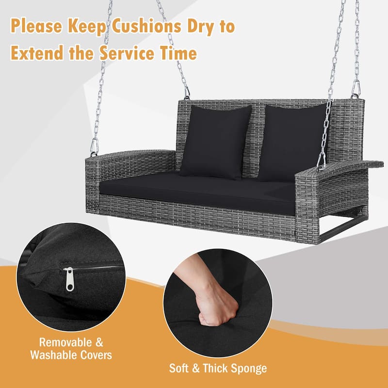 2 Person Wicker Hanging Porch Swing Outdoor Rattan Swing with Cushions
