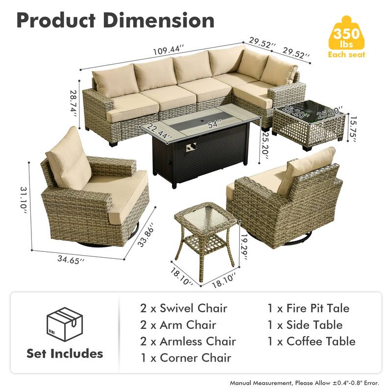 OVIOS 10 Pieces T shaped Seat Wide Armrest Swivel Chair Set With Solar-Powered Table&Fire Pit