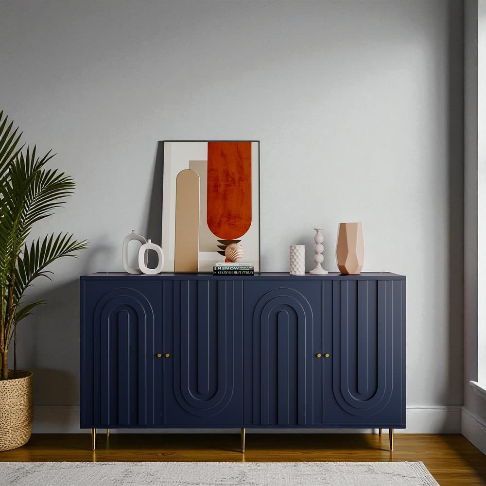 Modern 4-Door Lacquered Sideboard Buffet Cabinet with Gold Legs, Adjustable Shelves for Living Room or Dining Room