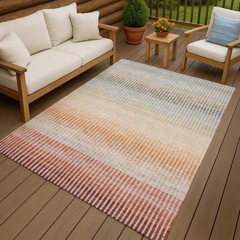Machine Washable Indoor/ Outdoor Contemporary Stripes Chantille Rug