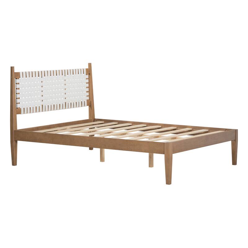 Queen Platform Bed with Woven White Leather Headboard and Natural Wood Frame