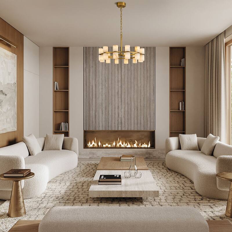 Modern Alabaster Glass Chandelier, Round or Linear Pendant Light with Up & Down Shades, D600-L1370, Copper or Black Finish