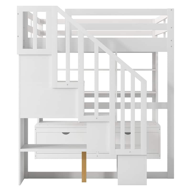 Full Size Loft Bed with Desk, Shelves, and Storage Staircase for Children's Bedrooms, Guest Rooms - Space-Saving Design