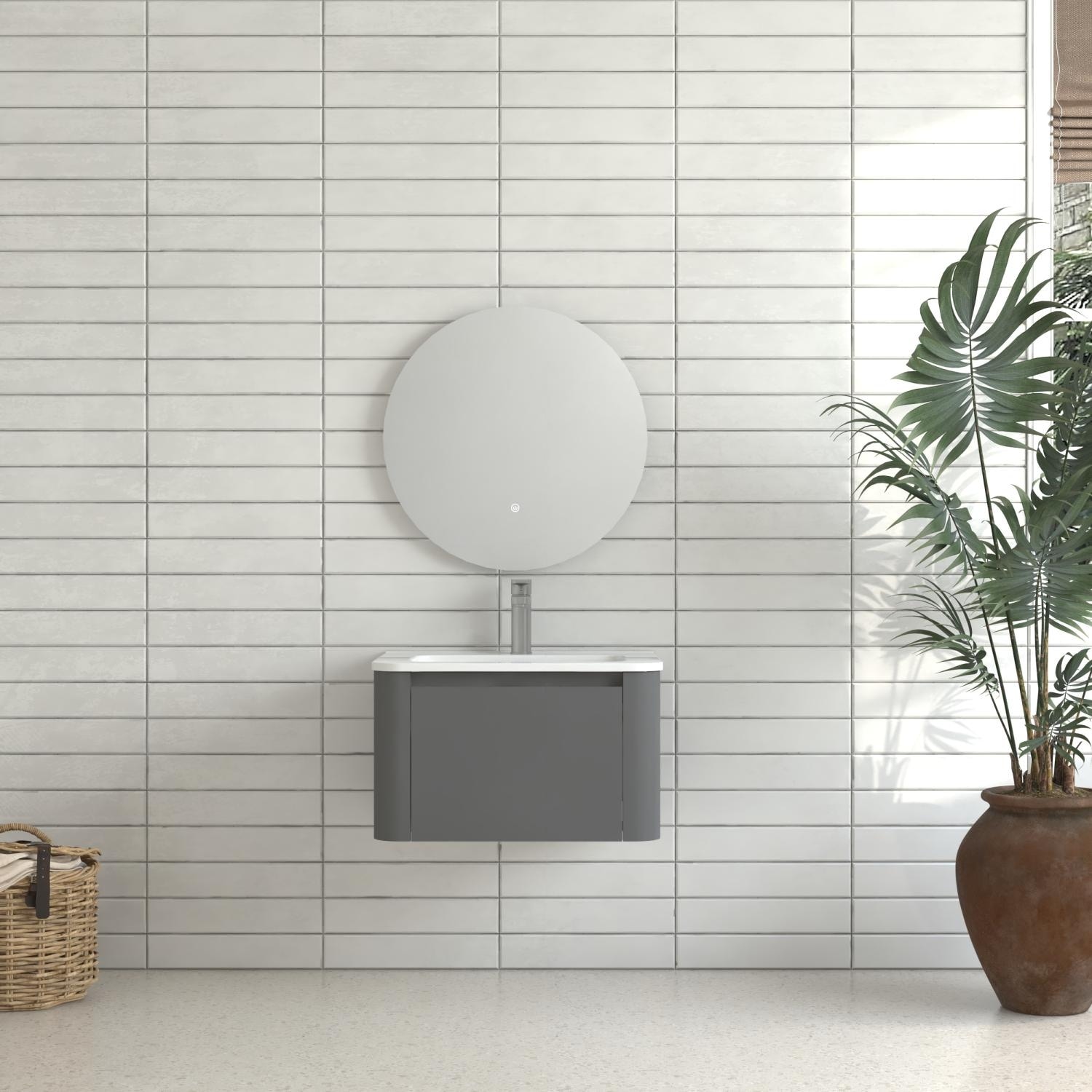 24" Grey Wall Mounted Bathroom Vanity With Basin Floating Vanity Drawer Bathroom Cabinet With White Ceramic Integrated Basin