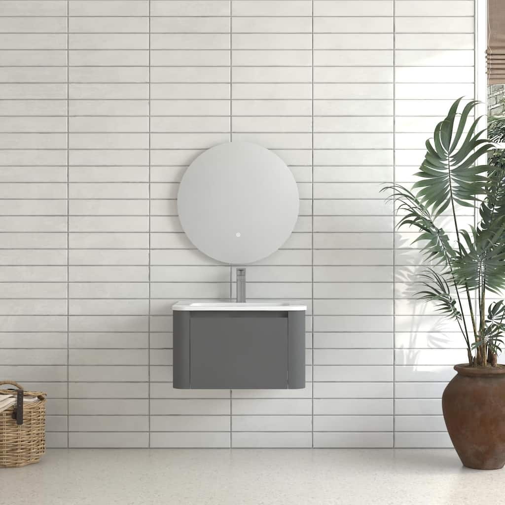 24" Grey Wall Mounted Bathroom Vanity with Basin Floating Vanity Drawer Bathroom Cabinet with White Ceramic Integrated Basin