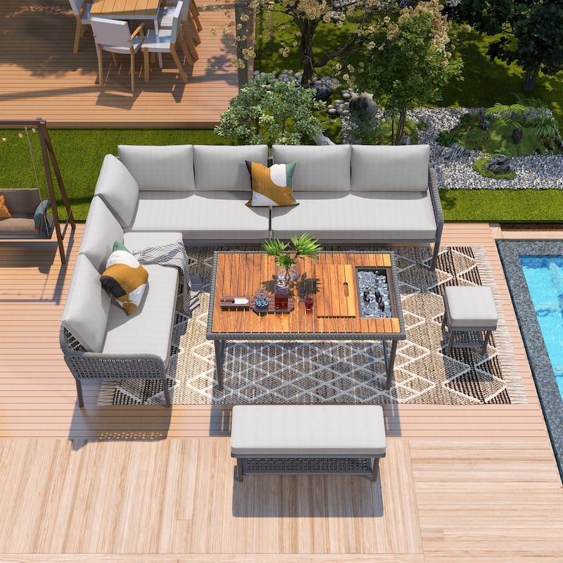 6-Piece Outdoor Sectional Sofa Set with Acacia Wood Table,Ice Box and Rope Benches