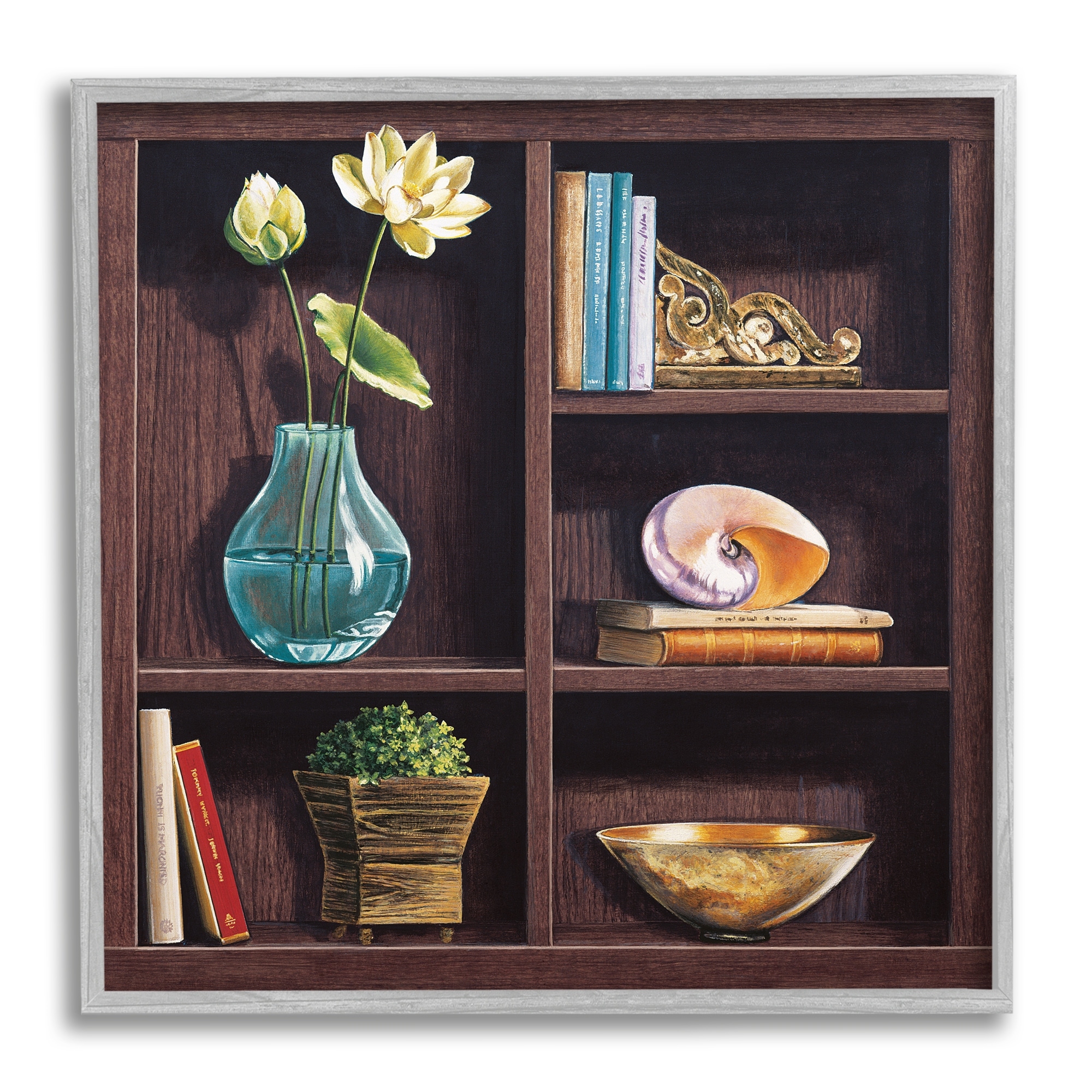 Stupell Elegant Bookshelf Still-Life with Lotus Floral Vase Framed Wall Art  - On Sale - Bed Bath & Beyond - 33858860