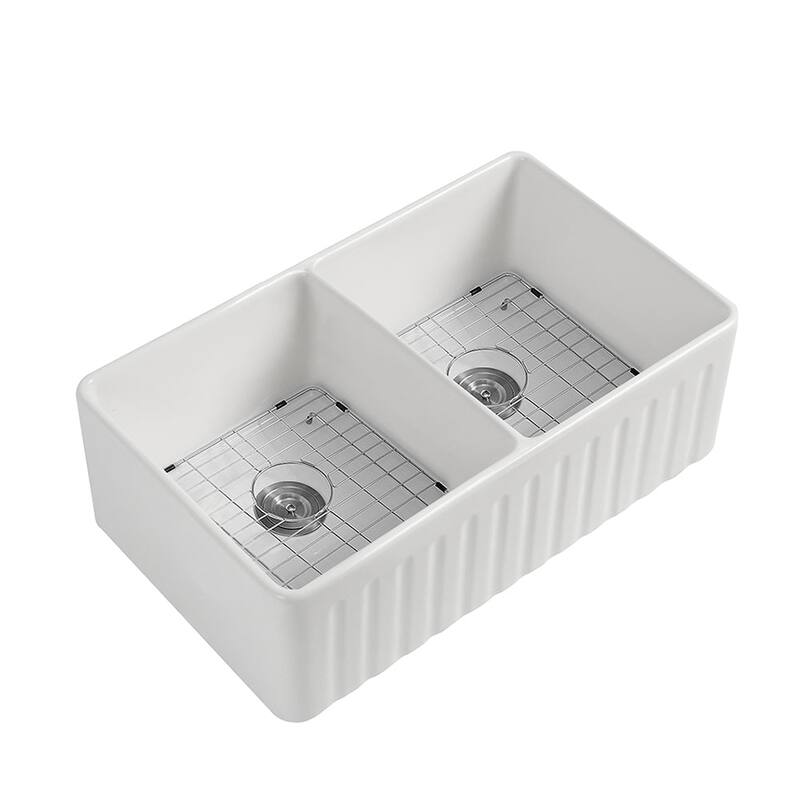 White Fireclay Farmhouse Apron Kitchen Sink with Grid and Strainer