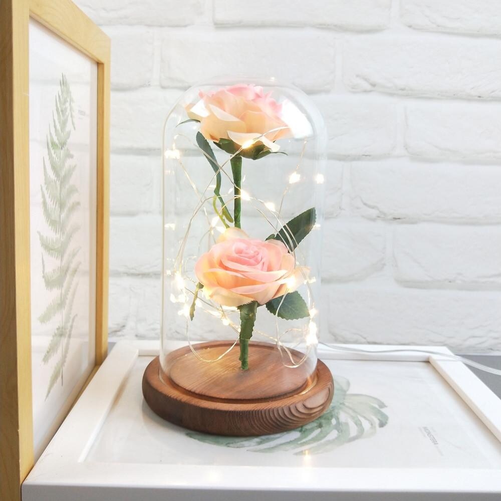 Romantic Immortal Flower Micro Landscape Rose Simulation Glass Shade LED Gift 