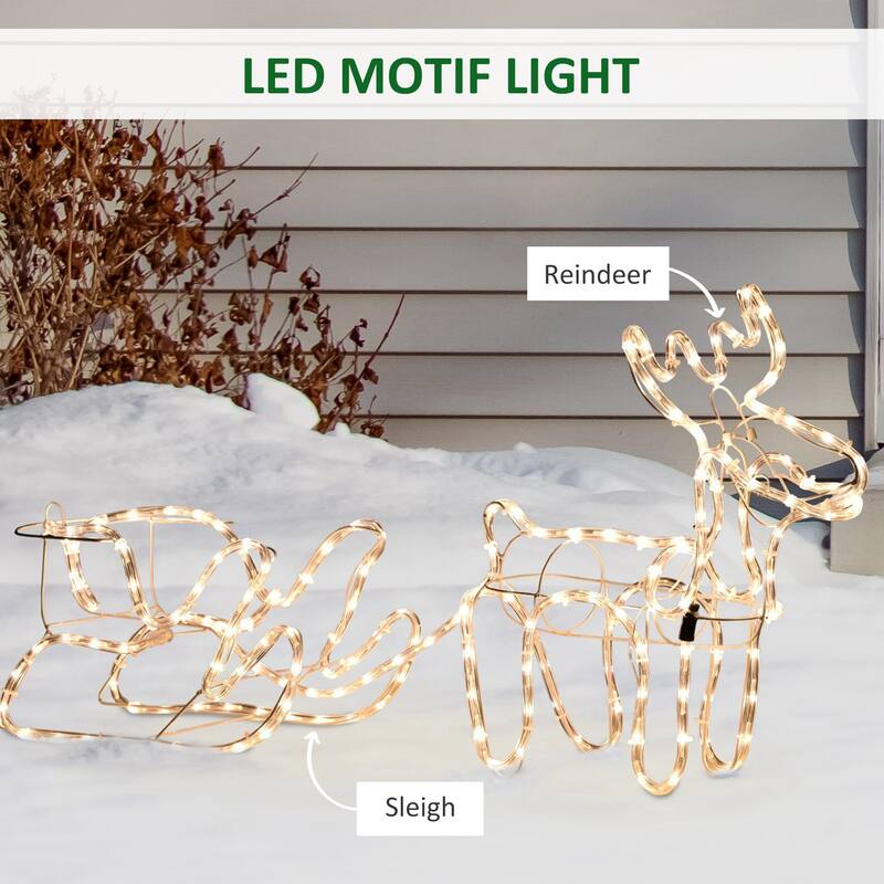Outsunny 35" Christmas Reindeer and Sleigh with LED Motif Warm White Lighting, Indoor Outdoor Steel Frame Yard Decoration